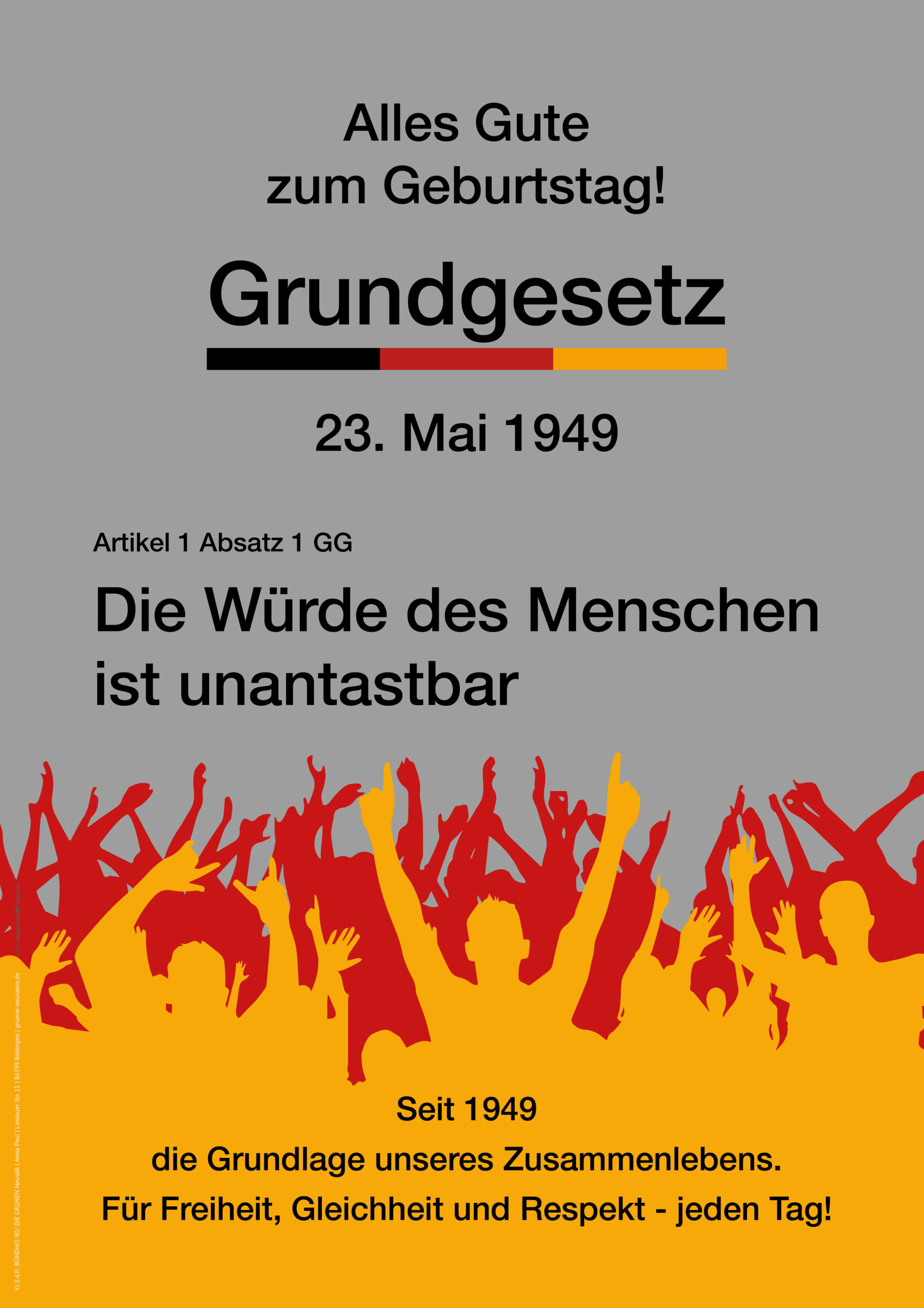 Plakat mit Text "Alles gute zum Geburtstag - Grundgesetz. Die Würde des Menschen ist unantastbar"